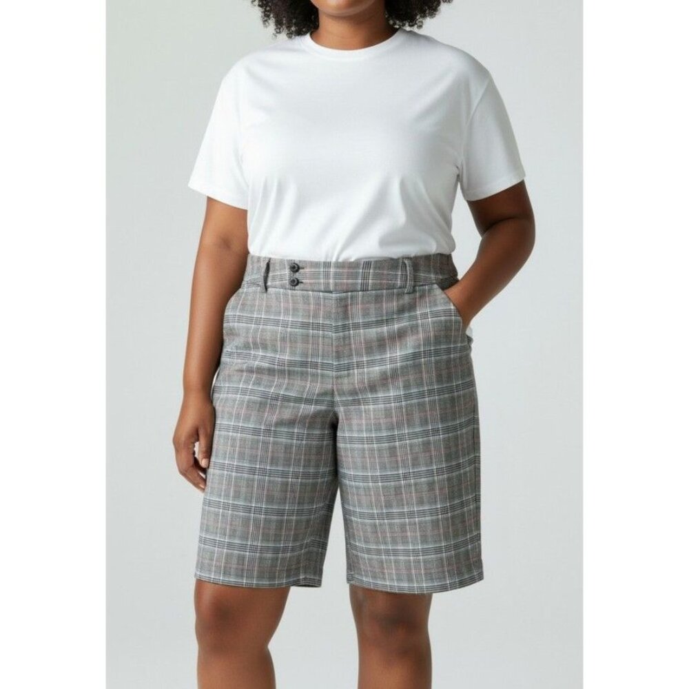 Mossimo Womens Plaid Shorts Size 12 Gray & Pink Polyester Rayon Blend Double But